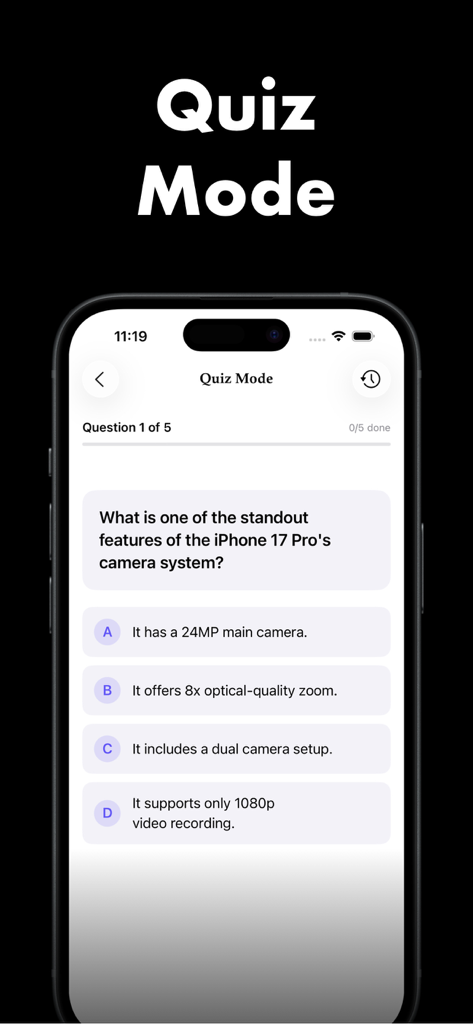 Auto Clicker - Auto Click AI - Screenshot della funzione Modalità Quiz nell'app Auto Clicker AI che mostra una domanda a scelta multipla sulle funzionalità della fotocamera dello smartphone