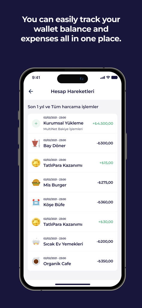 MultiPay - Digital Wallet - MultiPayアプリの取引履歴画面。ウォレット残高と日々の支出を表示