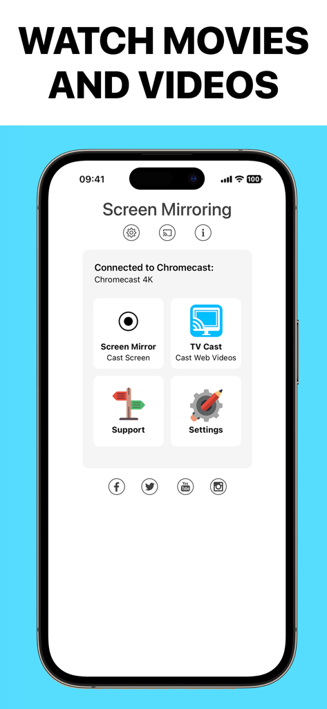 Interfaccia dell'app Screen Mirroring su un iPhone che mostra le opzioni per trasmettere lo schermo e i video web su un dispositivo Chromecast 4K