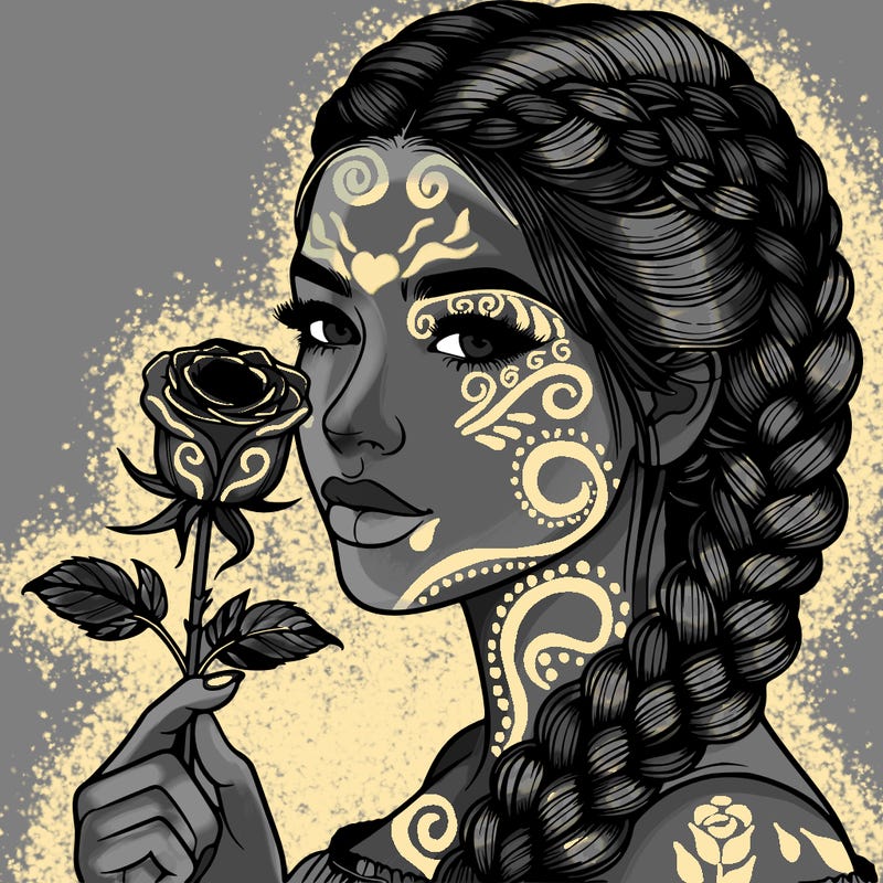 realistic woman with braids holding a single rose