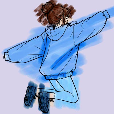 realistic girl jumping with a bun and oversized sweatshirt