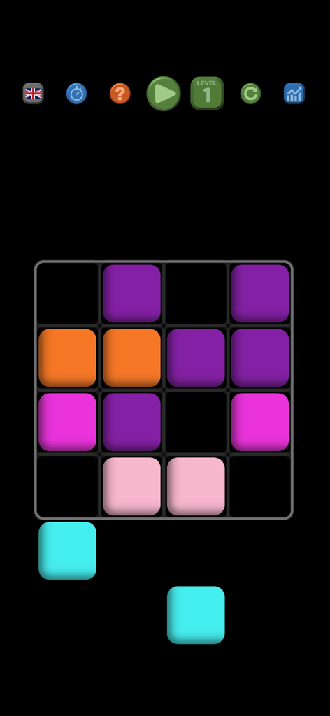 ARDUUM logic puzzle game level 1 featuring colorful square blocks on a 4x4 grid