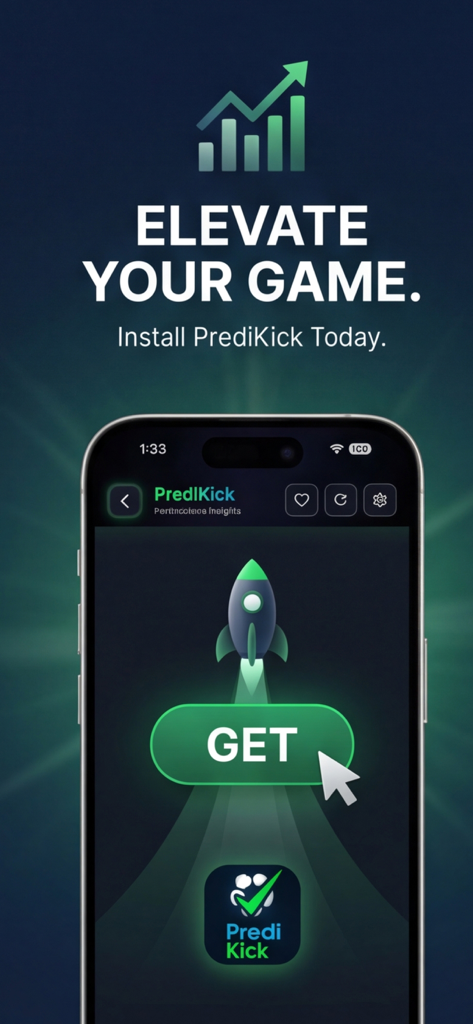 AI Football Tips – PrediKick - Promotional screen for the PrediKick AI football tips app with a Get button and rocket icon