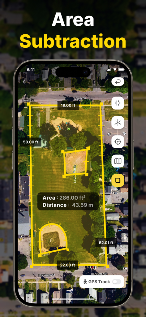 Land Distance Area Calculator - Función de resta de área en la aplicación Calculadora de Área y Distancia de Terrenos mostrando los límites medidos del mapa satelital