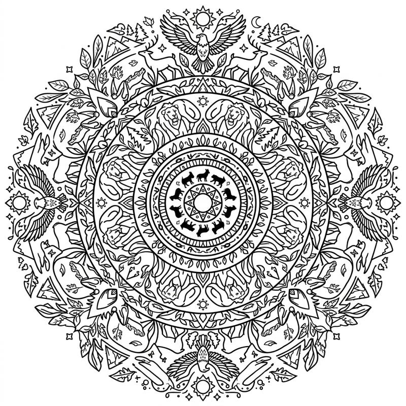 Immerse yourself in the wild with this captivating mandala coloring page, showcasing a harmonious blend of majestic creatures and lush natural elements. Experience the joy of bringing this intricate design to life with your favorite colors.