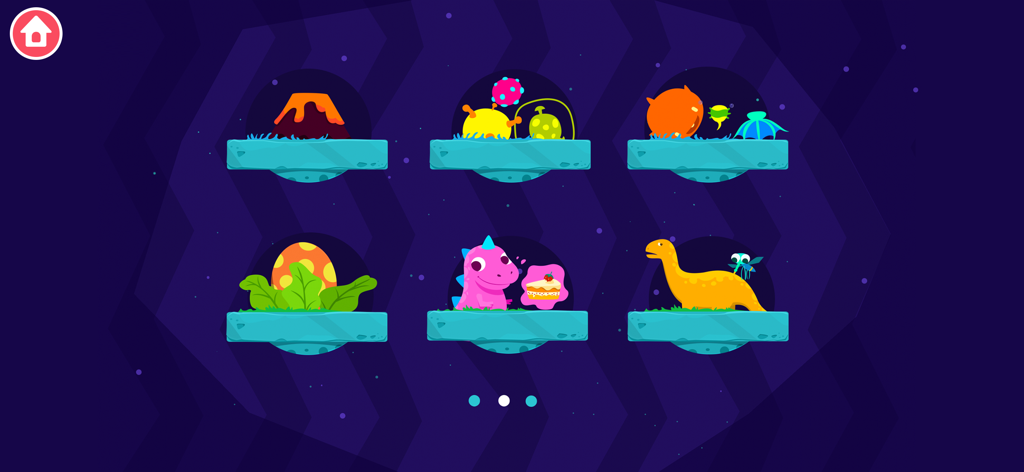 Un menu di selezione per mini-giochi scientifici per bambini con dinosauri e natura.