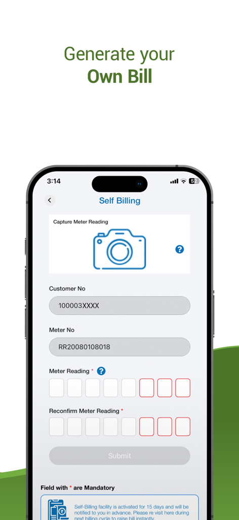 The Torrent Gas Connect app interface for self-service meter reading and bill generation