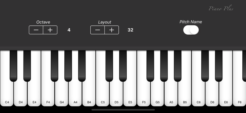 Digital piano keyboard interface with adjustable octave layout and pitch name labels