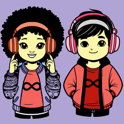 an afroamerican girl with headphones and a boy with headphones, they have an ♾️ symbol on their shirt