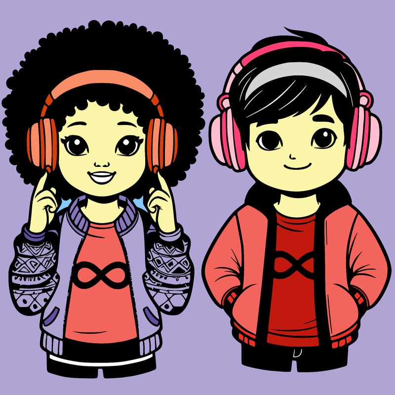 an afroamerican girl with headphones and a boy with headphones, they have an ♾️ symbol on their shirt
