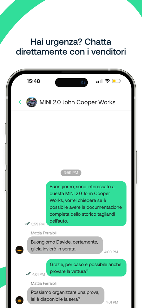 Ecrã da aplicação móvel mostrando uma conversa de chat entre um comprador e um vendedor sobre um MINI Cooper na AutoSuperMarket.
