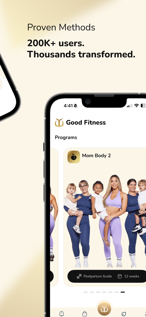 Good Fitness app interface showing the Mom Body 2 postpartum guide for mothers