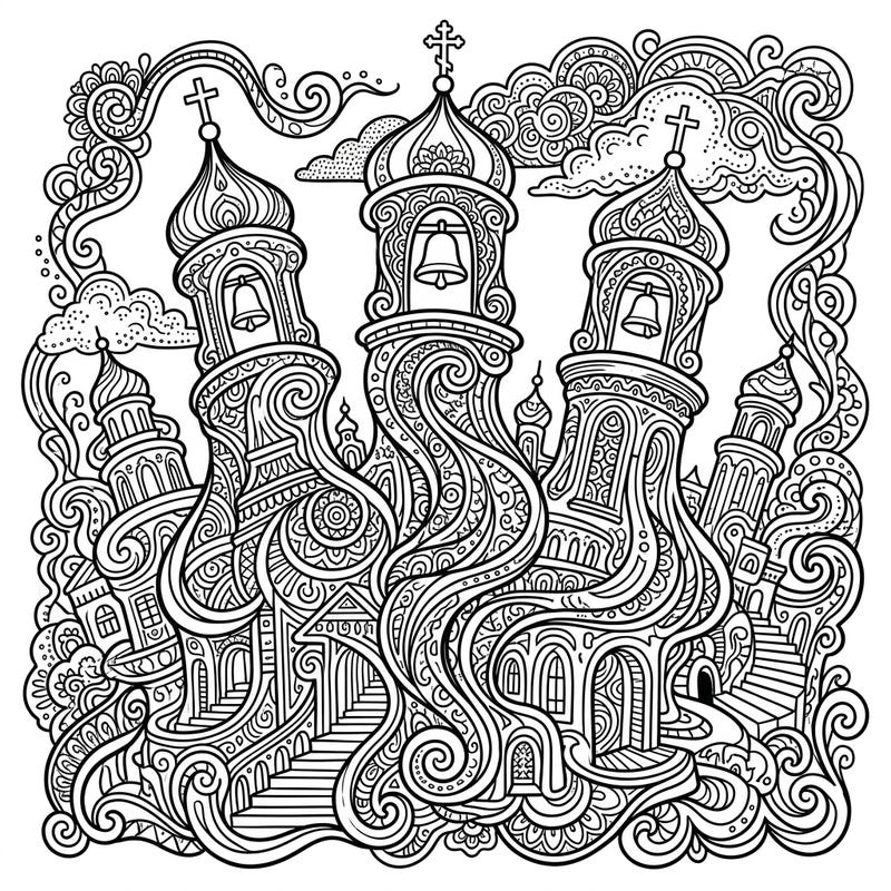 Unleash your creativity with this mesmerizing psychedelic bell towers coloring page. Immerse yourself in a world of swirling patterns and surreal architecture, perfect for an unforgettable coloring experience.