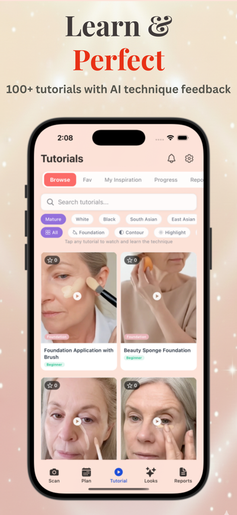 Makeup Check AI - AI Makeup - Pantalla de tutoriales de la aplicación Makeup Check AI que presenta guías de aplicación de maquillaje y comentarios de IA