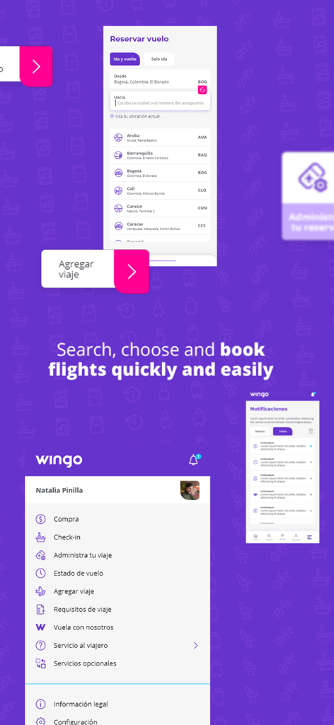 Interface of the Wingo mobile app showing flight reservation and account management screens.