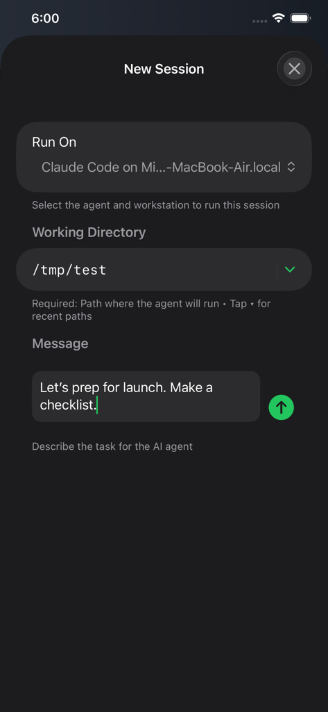 Cmd+Ctrl - Interfaccia per avviare una nuova sessione di codifica AI con campi per la selezione della workstation e la descrizione del compito.