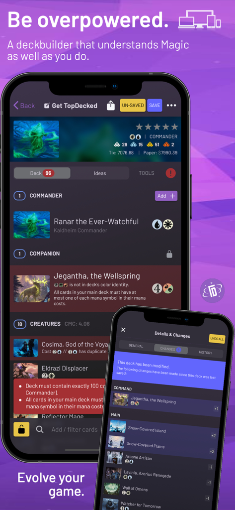 TopDecked MTG - Mobile app interface of the TopDecked MTG deck builder showing card lists and deck legality tools on two smartphones.