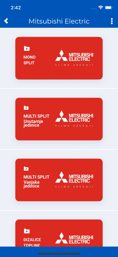 DELTRON Digital - DELTRON Digital app screen displaying Mitsubishi Electric product categories for HVAC professionals