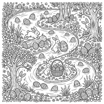 Hop into a delightful Easter adventure with this enchanting coloring page, featuring playful bunnies and beautifully decorated eggs nestled around winding oxbow lakes. It's the perfect spring activity to spark creativity and joy for all ages.