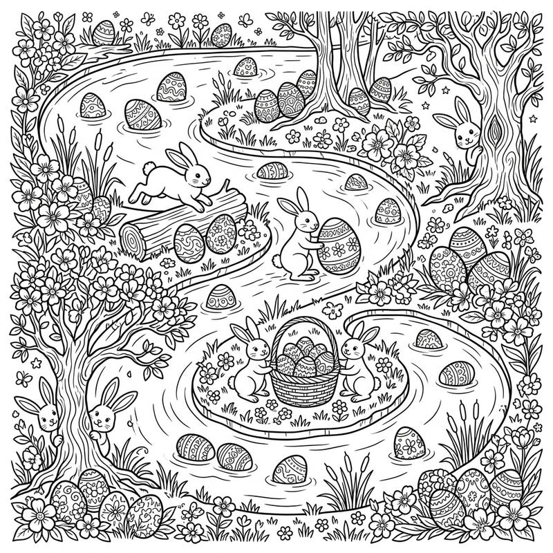 Hop into a delightful Easter adventure with this enchanting coloring page, featuring playful bunnies and beautifully decorated eggs nestled around winding oxbow lakes. It's the perfect spring activity to spark creativity and joy for all ages.