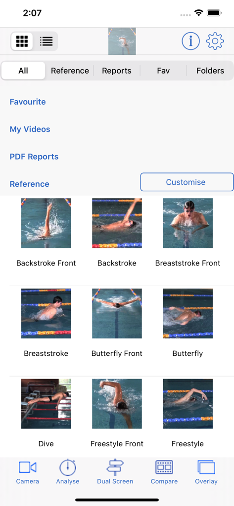 Swim Coach Plus HD - Interface of Swim Coach Plus HD app displaying a library of swimming technique reference videos for analysis.