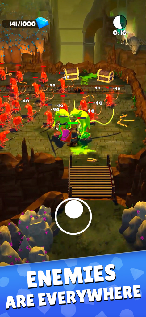 Mine & Slash: Arcade RPG Games - Gameplay screenshot of Mine and Slash showing a hero character fighting a swarm of rat-like enemies in a 3D dungeon
