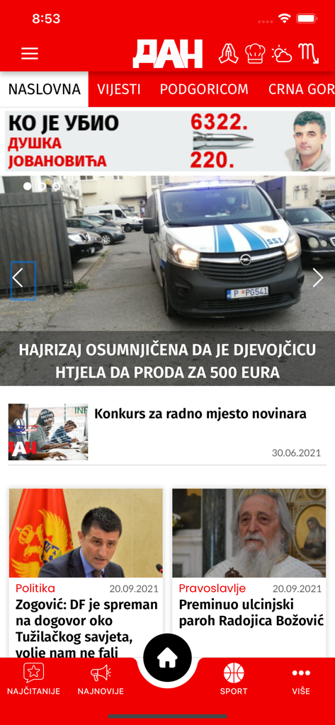 The home screen of the DAN portal mobile news app featuring headlines and categories for news from Montenegro and the Balkans.
