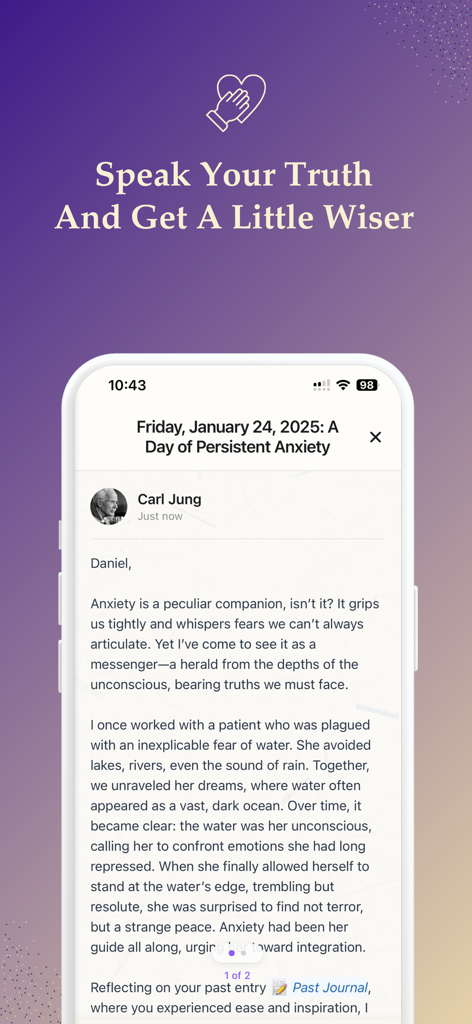 Life Note: Journal With Greats - Life Note app interface showing an AI journal response from Carl Jung regarding anxiety.