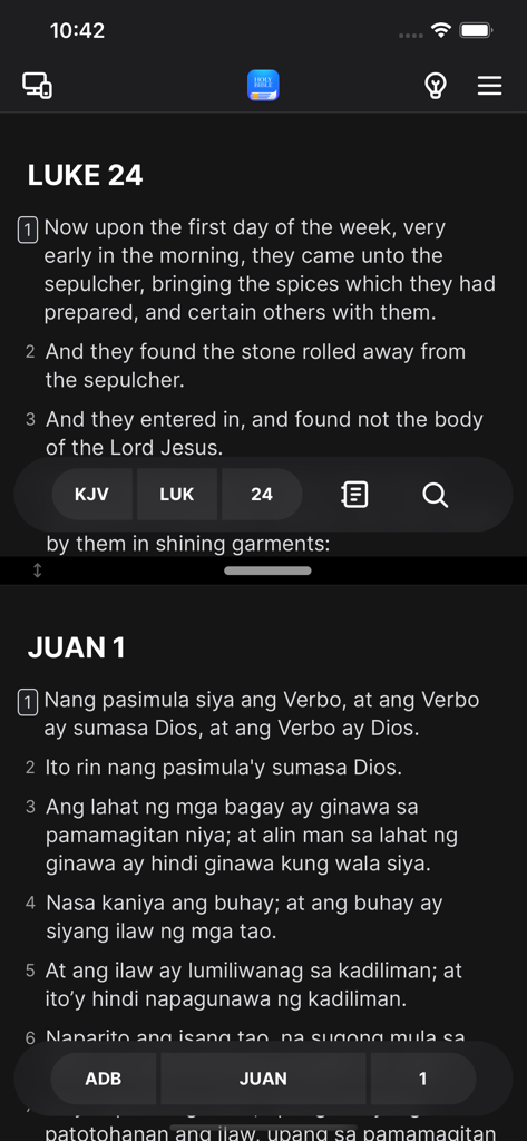 Digital Bible - Digital Bible app interface showing a split view with English and Tagalog scripture translations