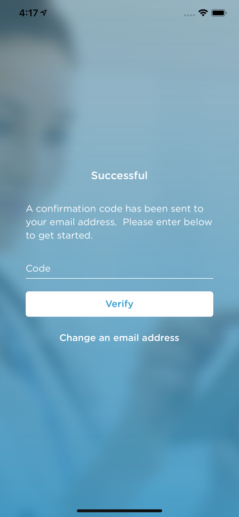 LifeguardHCP app verification screen showing a field to enter a confirmation code sent by email.