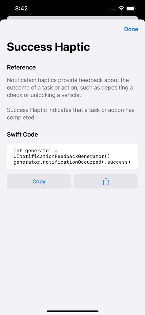 HapticKit app screen displaying success haptic documentation and swift code snippet