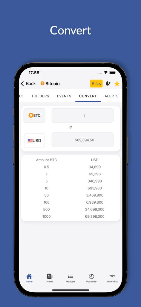 CoinLore Cryptocurrency Prices - Bitcoin to USD converter screen in the CoinLore app showing conversion rates and a price table
