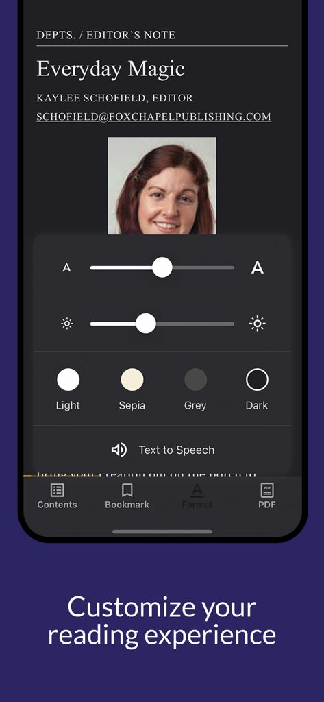 Woodcarving Illustrated - Customizable reading settings in the Woodcarving Illustrated app showing options for text size, brightness, background themes, and text to speech.
