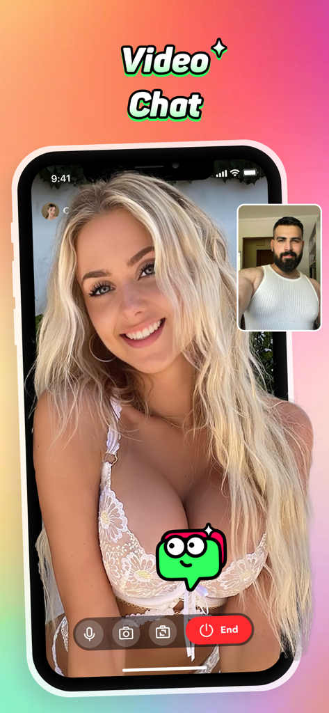 A mobile screenshot showing a live video chat interface between a man and a woman on the Lazzi app