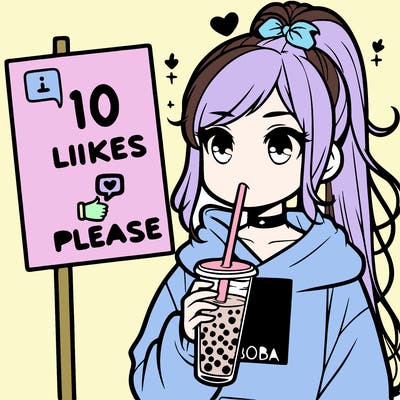 girl with a high ponytail and a hoodie drinking boba staring at a sign saying 10 likes please