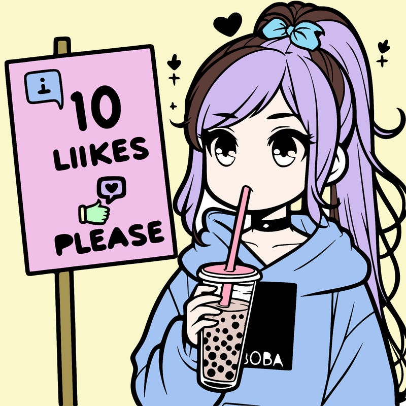 girl with a high ponytail and a hoodie drinking boba staring at a sign saying 10 likes please