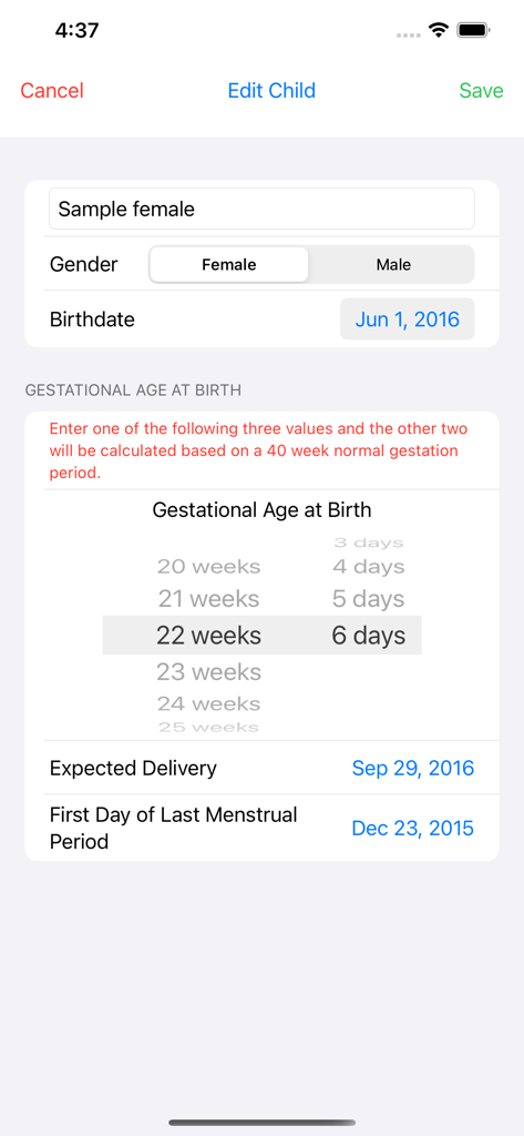 Preterm Growth Tracker - Setup screen for child profile with birthdate and gestational age settings