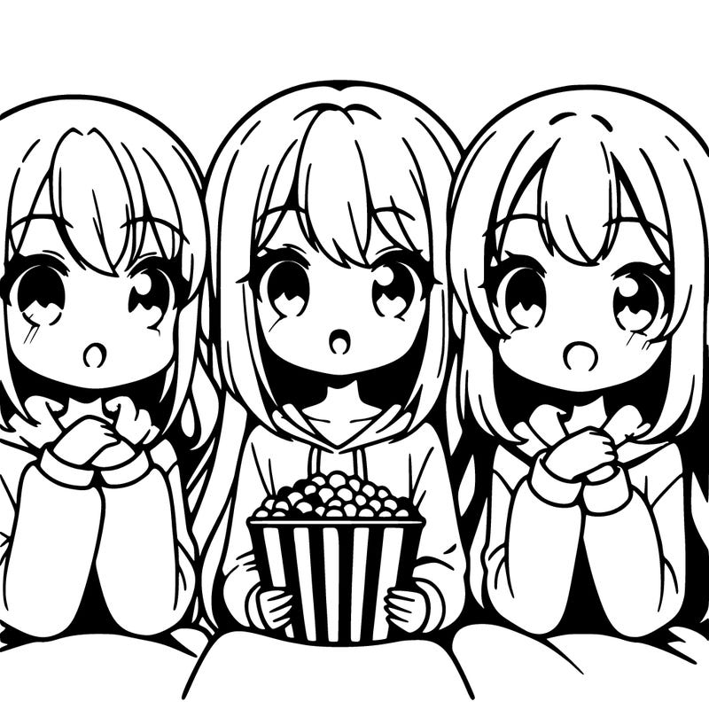 cute anime 3 friends girl watching a move