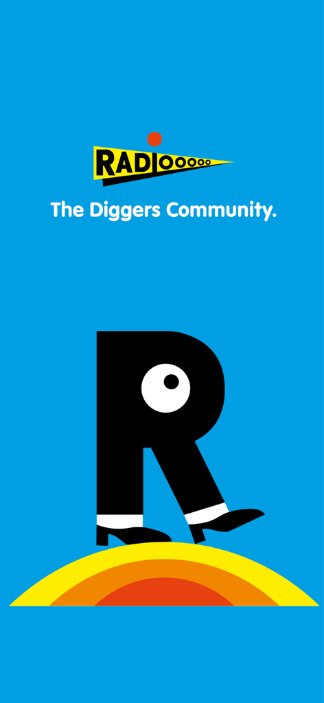 Radiooooo - Radiooooo app welcome screen with a stylized walking R character and the tagline The Diggers Community on a blue background