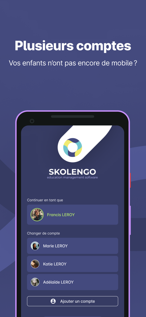 Skolengo - Interface de l'application Skolengo montrant plusieurs comptes d'utilisateurs pour une utilisation familiale ou par les enseignants