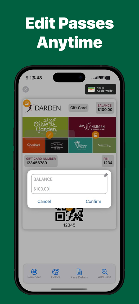 Wallet Creator: Digital Passes - Interfaz de la aplicación Wallet Creator mostrando a un usuario editando el saldo de una tarjeta de regalo digital de Darden