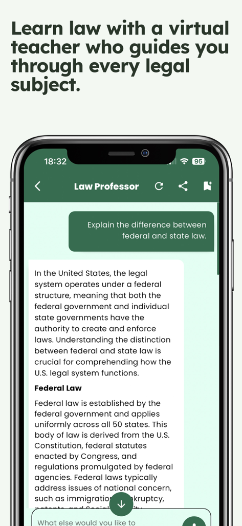 Legal AI Assistant: Law Help - Smartphone screen showing a virtual law professor explaining the difference between federal and state law in a chat interface