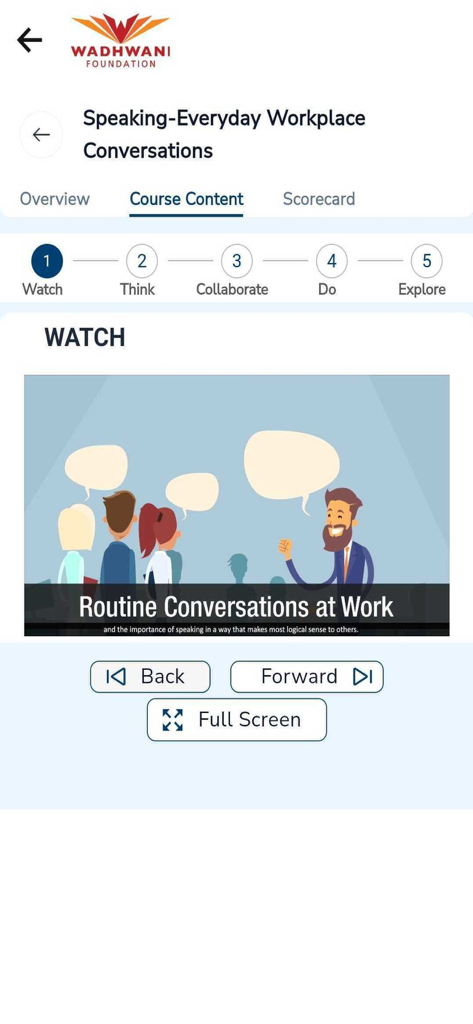 Wadhwani Skilling - Wadhwani Skillingモバイルアプリケーションインターフェイスでの職場会話ビデオレッスン
