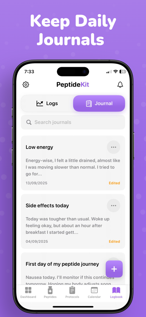 PeptideKit daily journal screen for logging peptide therapy symptoms and energy levels