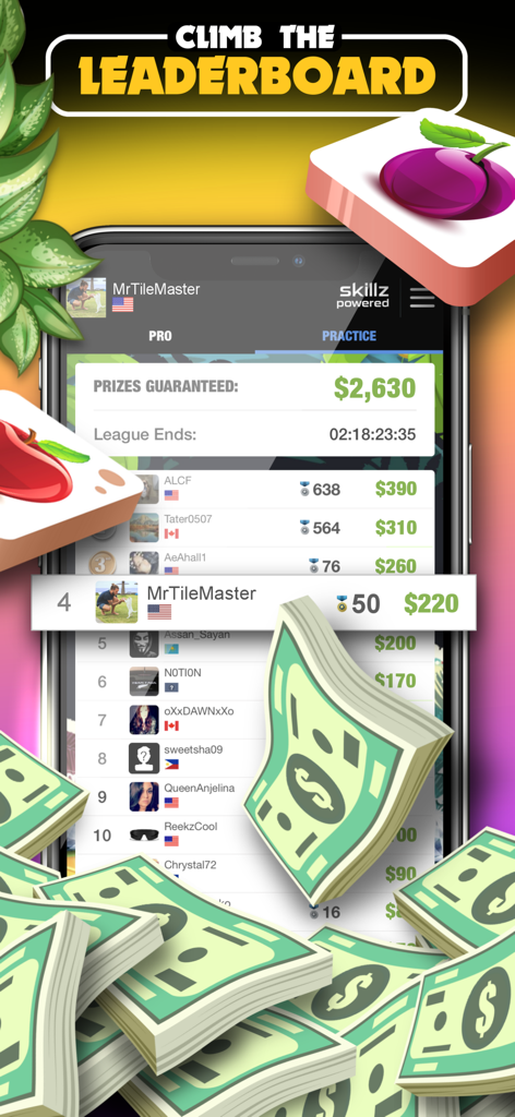 Mahjong Solitaire Cash Master leaderboard showing players ranking for cash prizes