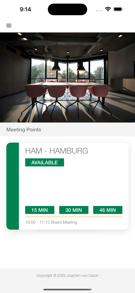 Meeting Point Digital Signage - iPhone screen displaying an available meeting room in Hamburg within the Meeting Point app