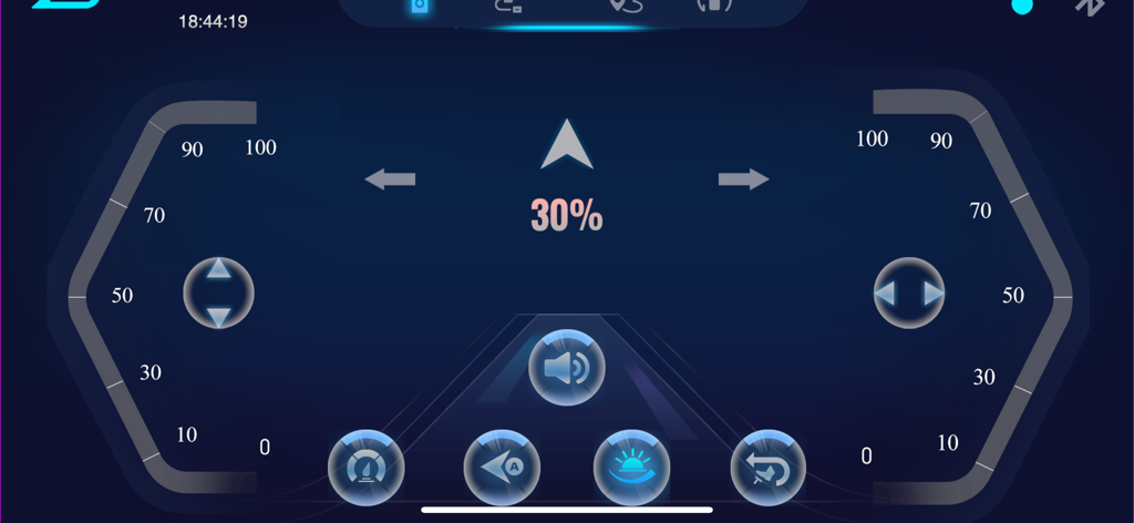 RC Car App - Futuristic digital remote control interface for the RC Car App featuring speed and steering gauges