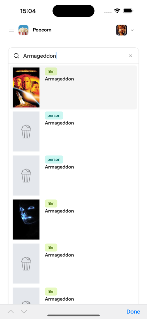 Popcorn movies - ポップコーンムービーアプリの検索画面。Armageddonの映画とキャストの結果が表示されています。