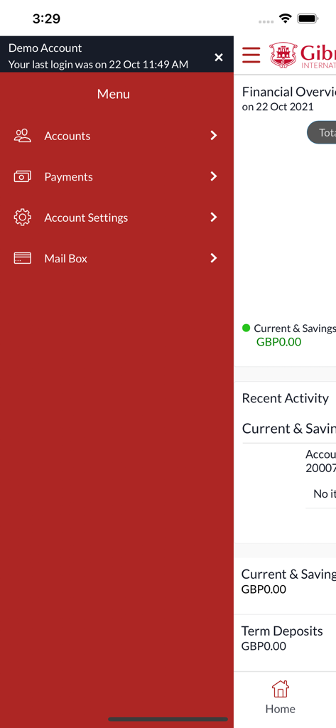 Navigation menu of the Gibraltar International Bank mobile app showing options for accounts payments and settings