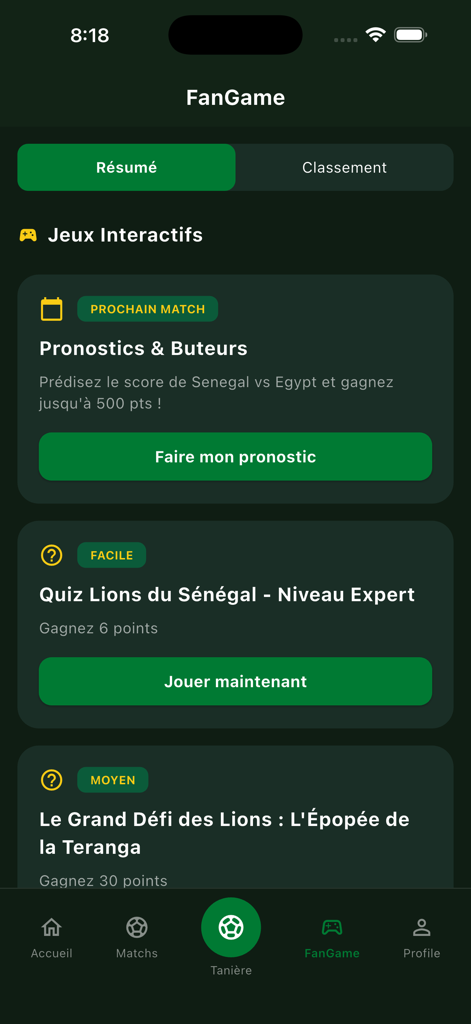 Interactive games and football predictions screen in the GoGainde mobile app